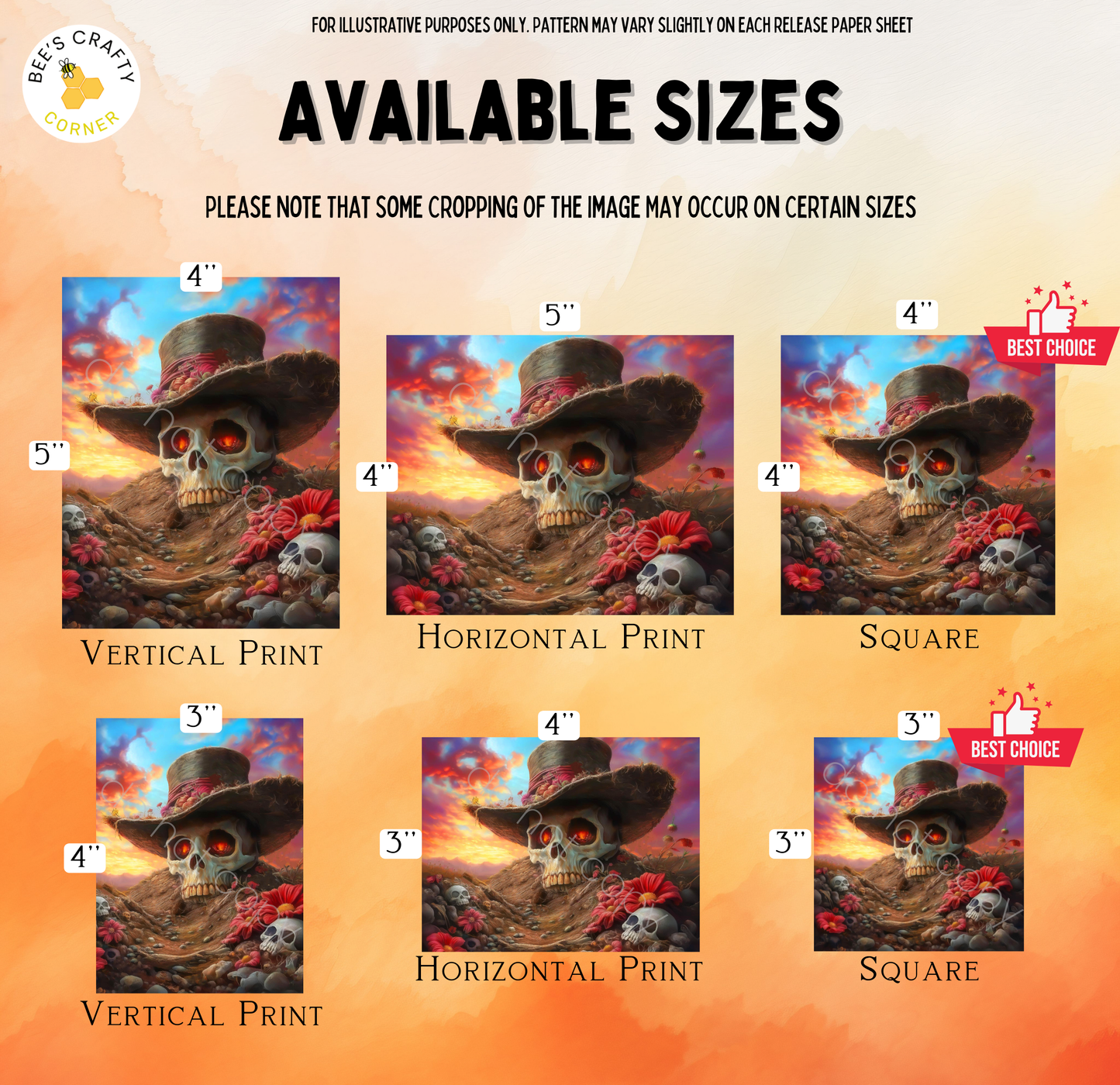 The image is a collage of six images featuring a skull wearing a hat and surrounded by flowers. The images are labeled with their respective sizes, including "Vertical Print", "Horizontal Print", "Vertical Print", "Horizontal Print", "Vertical Print", and "Vertical Print".