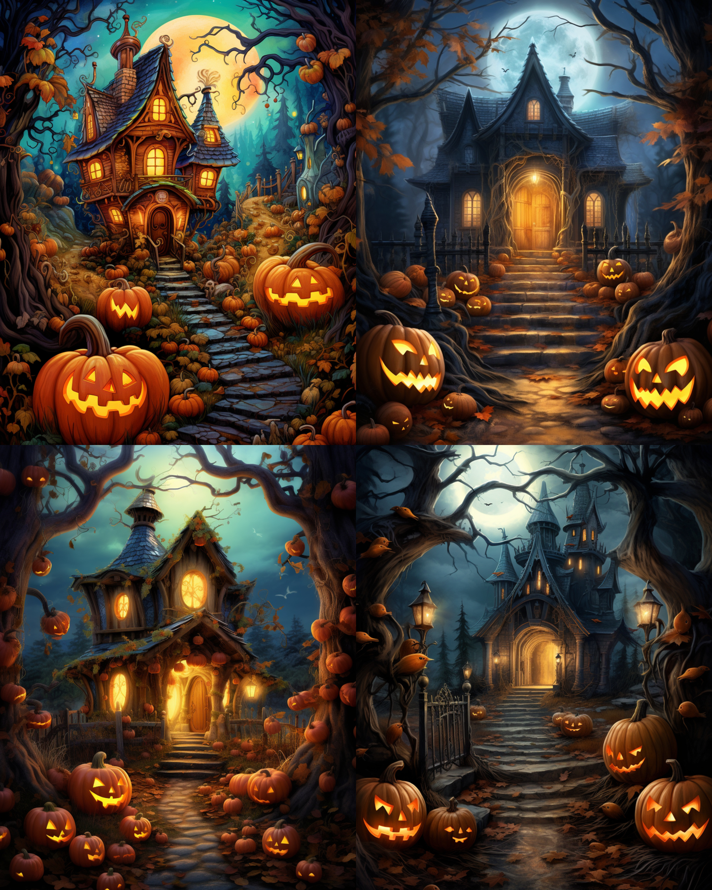 The image is a collage of four Halloween-themed scenes featuring spooky houses, pumpkins, and a moonlit forest.