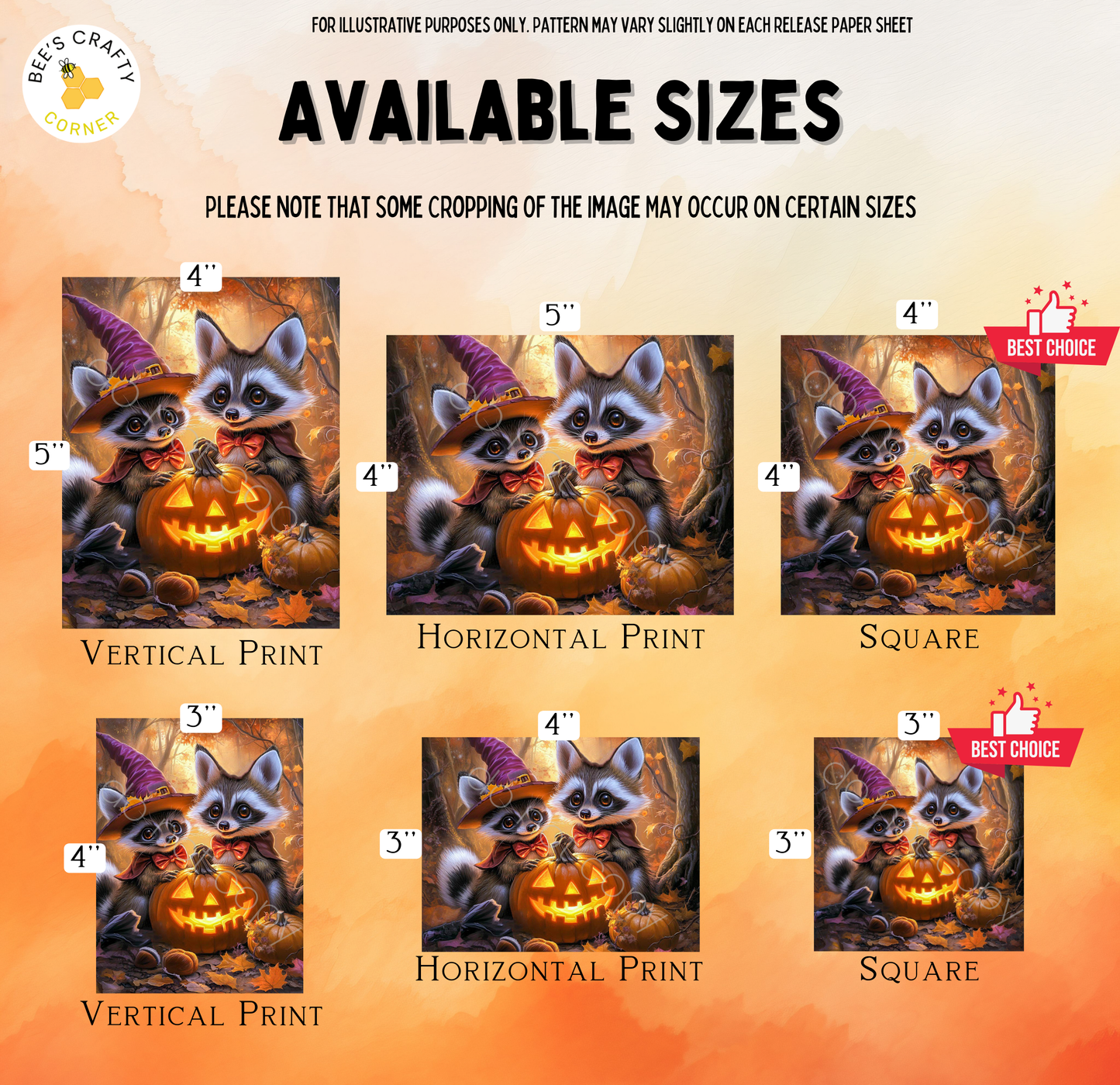 The image is a collage of six images featuring raccoons and pumpkins, with each image having a different size and orientation. The images are labeled with their respective sizes, such as "4" and "5", and the type of print, such as "Vertical Print" and "Horizontal Print". The collage is intended for illustrative purposes only, and the exact content of each image may vary slightly on each release paper sheet.
