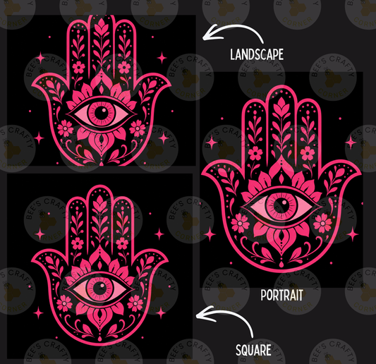 three stylized hand-drawn illustrations of a hamsa hand, each with a unique design and color scheme. The illustrations are labeled as "Landscape", "Portrait", and "Square" to indicate their respective styles.
