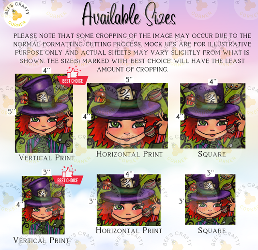 The image is a collage of six different sizes of illustrations featuring a character with a purple hat and a green outfit. The illustrations are labeled with their respective sizes, including "4" and "5", and are described as "Vertical Print" and "Horizontal Print".