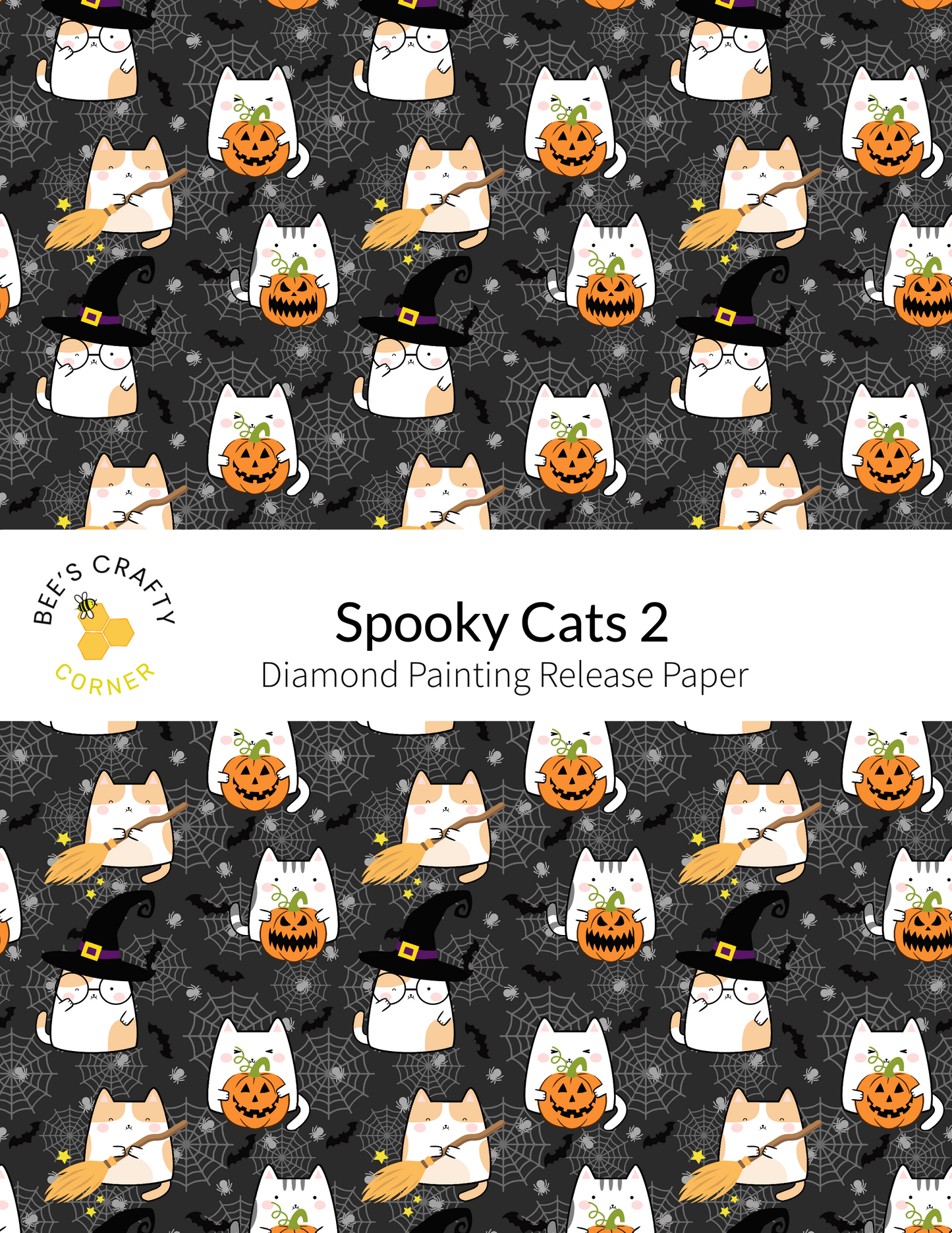 The image is a repeating pattern of cats wearing Halloween-themed accessories such as witch hats, broomsticks, and carved pumpkins against a black background with spiderwebs.
