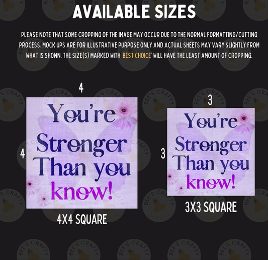 two identical images with the text "You're Stronger Than You Know!" printed on them. The images are available in different sizes, with one being 4x4 square and the other being 3x3 square. The text on the images is a motivational message, encouraging people to be stronger than they know.