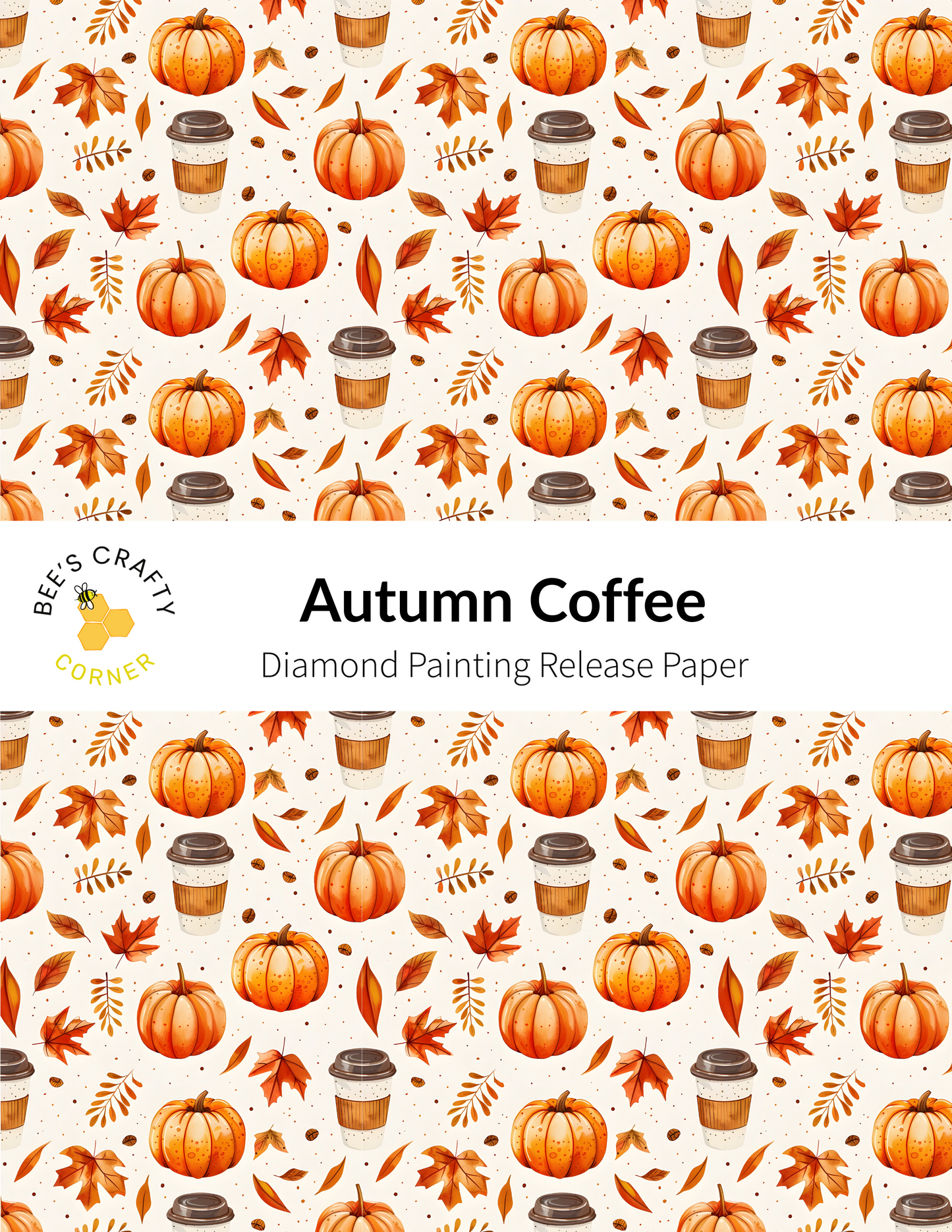 The image is a repeating pattern of autumn-themed objects, including pumpkins, coffee cups, and leaves, arranged in a visually appealing and harmonious manner.