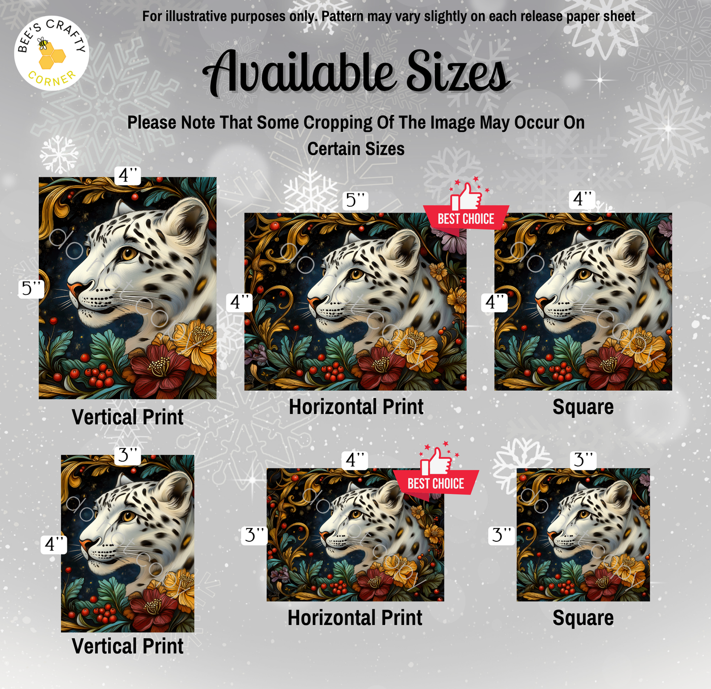 The image is a collage of six images featuring a close-up of a leopard's face surrounded by floral elements. The images are available in different sizes, including 4", 5", 4", 5", 4", and 4", as well as square and vertical prints. The text indicates that some cropping of the image may occur on certain sizes, and the best choice is the 4" square.