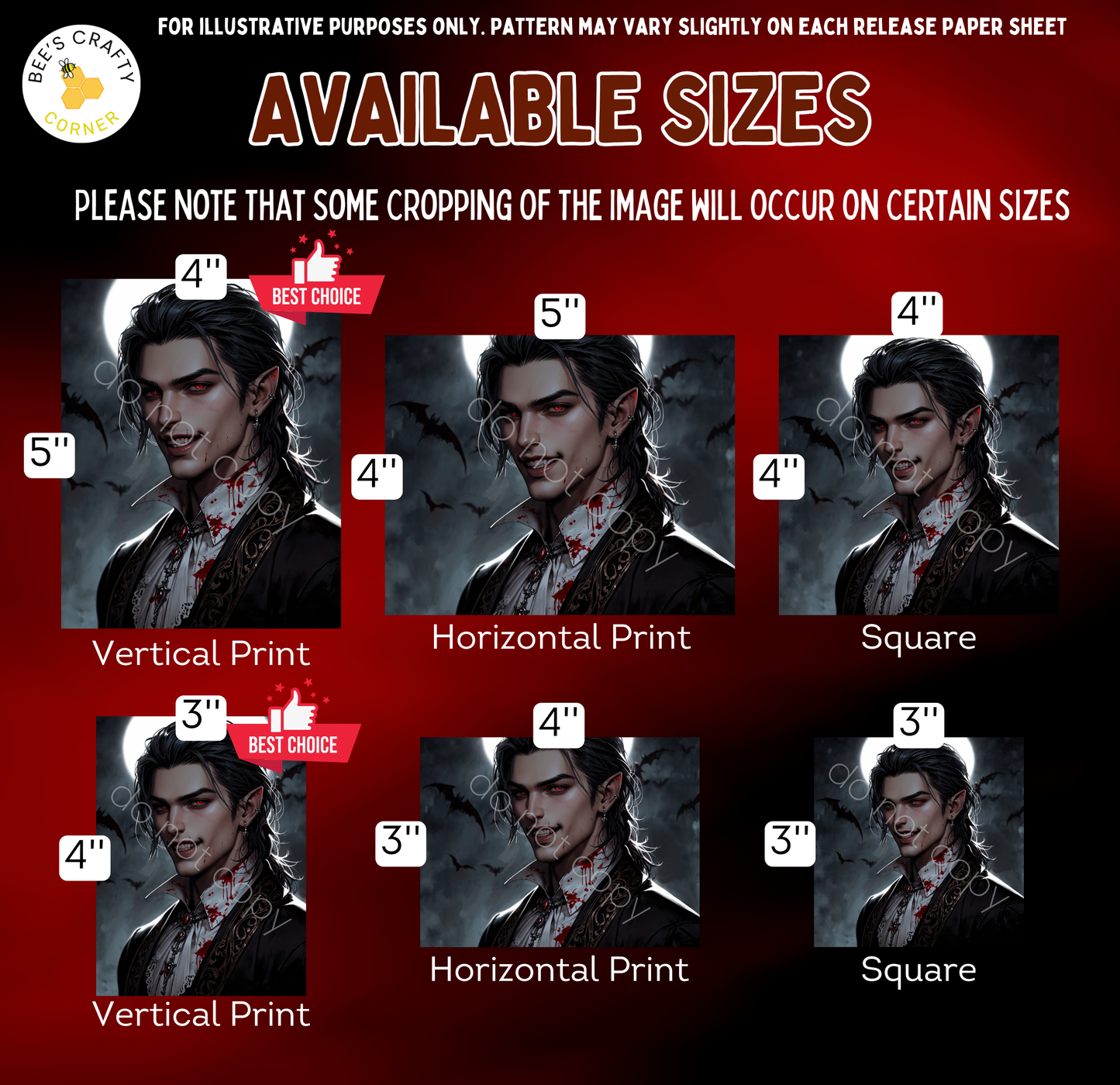 The image is a collage of six different portrait images of a man with a serious expression, each in a different size and orientation. The man appears to be wearing a dark outfit, possibly a cape or cloak, and has a serious expression on his face. The image sizes vary from 4" to 4" and 3" to 3", and the orientation is vertical. The collage is intended for illustrative purposes, and the text indicates that some cropping of the image may occur on certain sizes.