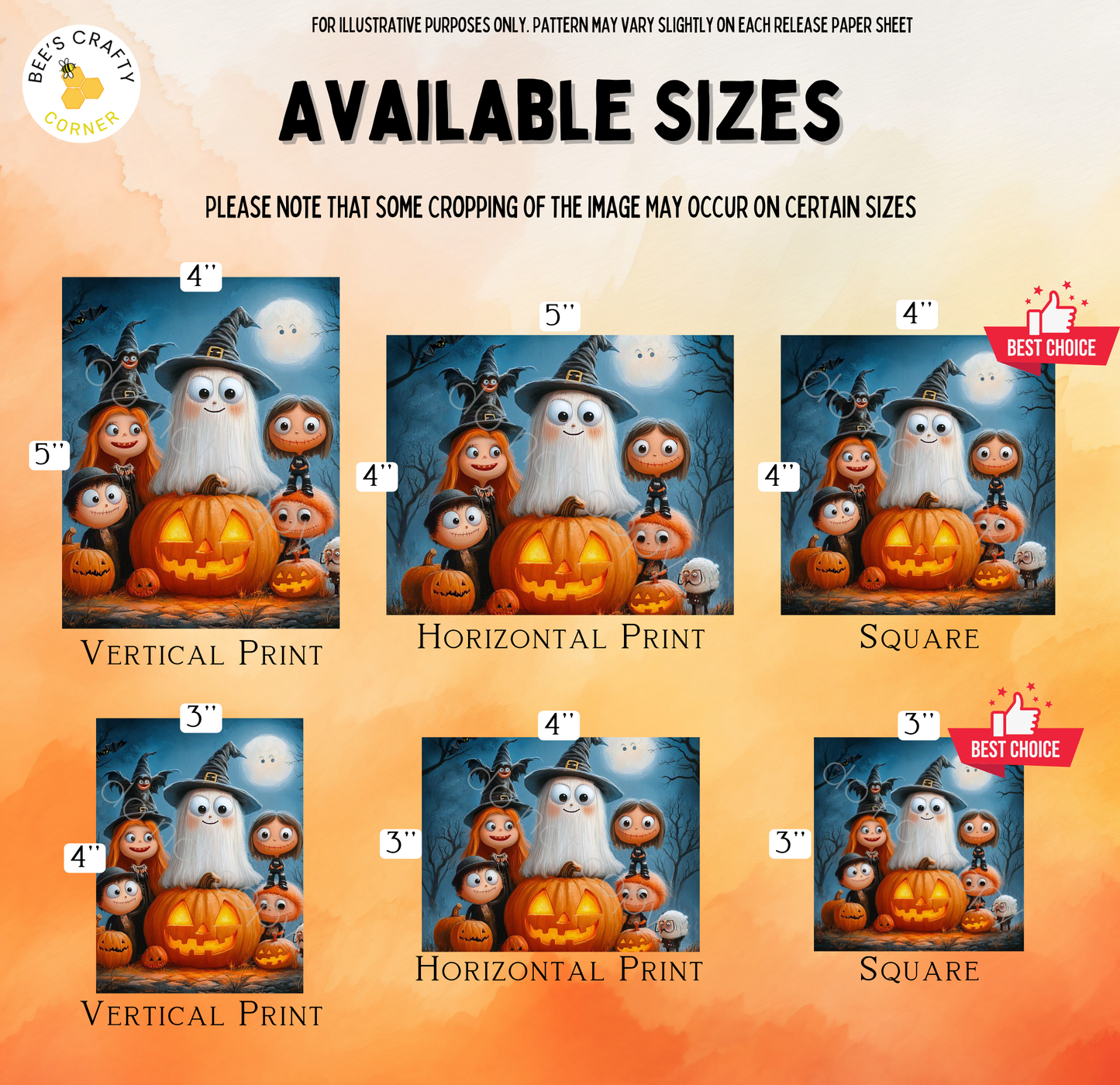The image is a collection of Halloween-themed illustrations, including a ghost, a witch, a pumpkin, and a group of children. The illustrations are available in various sizes, with the largest one being 4 feet tall and the smallest one being 3 feet tall. The illustrations are designed to be used as wall art or for other decorative purposes, and they feature a spooky and festive Halloween theme.