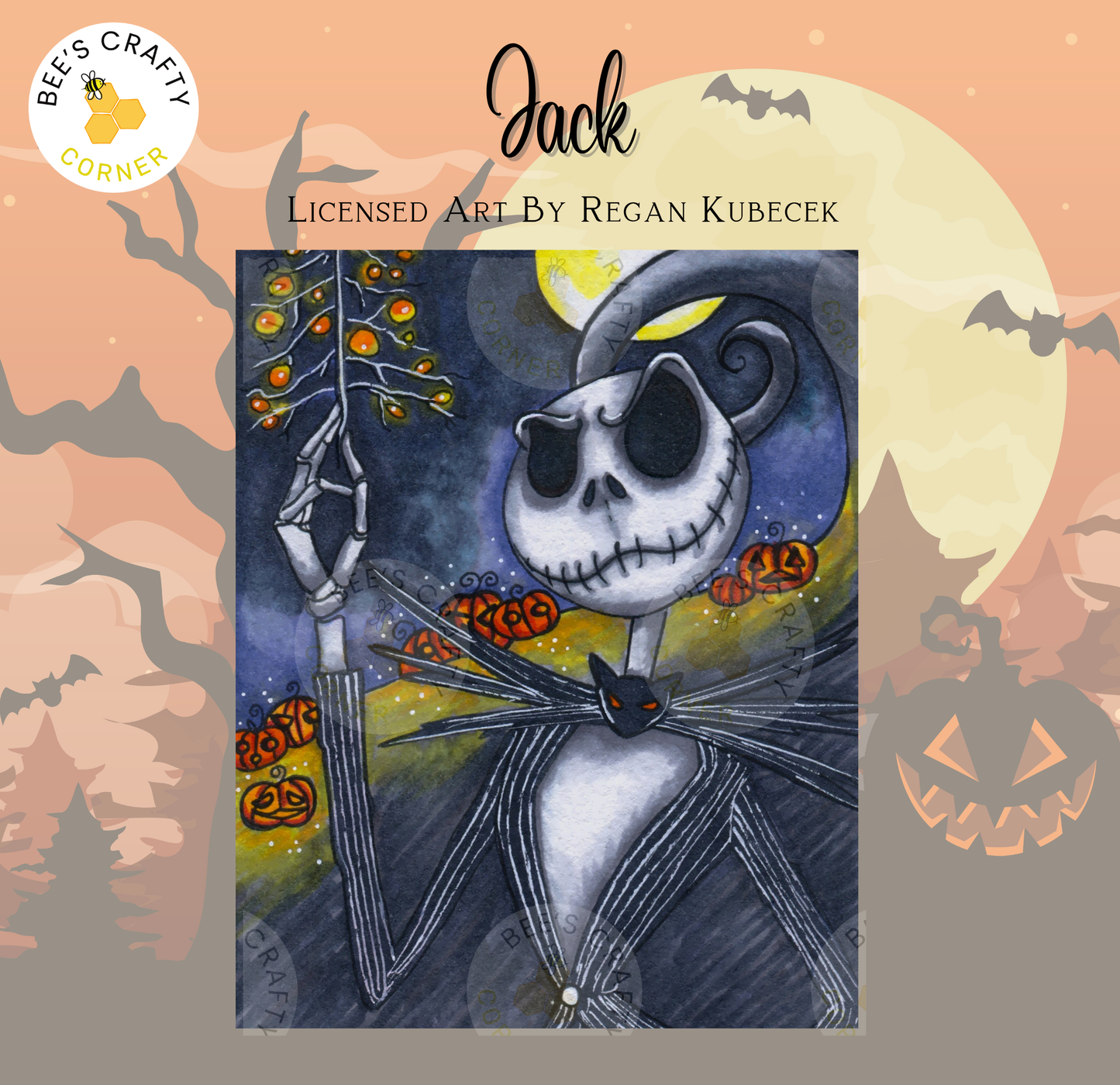 The image is a Halloween-themed illustration featuring a skeleton figure holding a jack-o-lantern, surrounded by bats and a full moon.