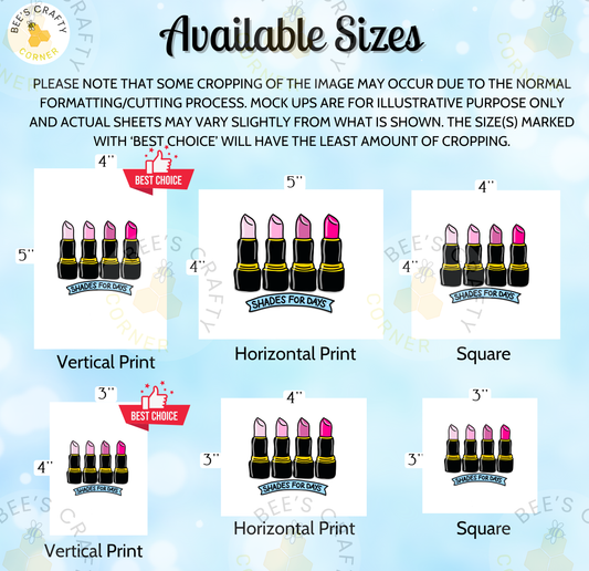 various sizes of lipstick-themed designs, including different types of lipstick and shades for days.
