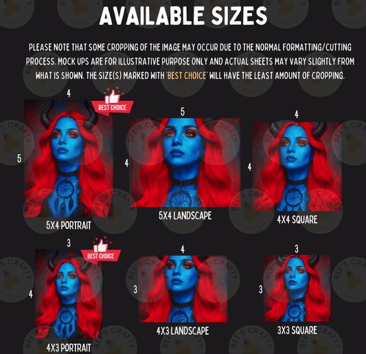 The image is a collage of six images featuring a woman with blue hair and red makeup, each with a different size and format. The sizes range from 5x4 portrait to 5x3 landscape, and the formats include 5x4 square and 3x3 square. The images are marked with "BEST CHOICE" and "LESS THAN 500 CHARACTERS" to indicate their quality and size.