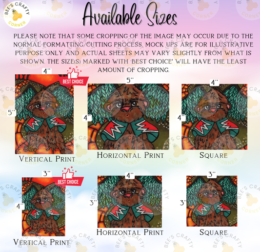 The image is a collage of six different sizes of the same illustration, featuring a brown bear with a green scarf. The sizes range from 3" to 4" and are labeled with the corresponding size, such as "3" and "4".