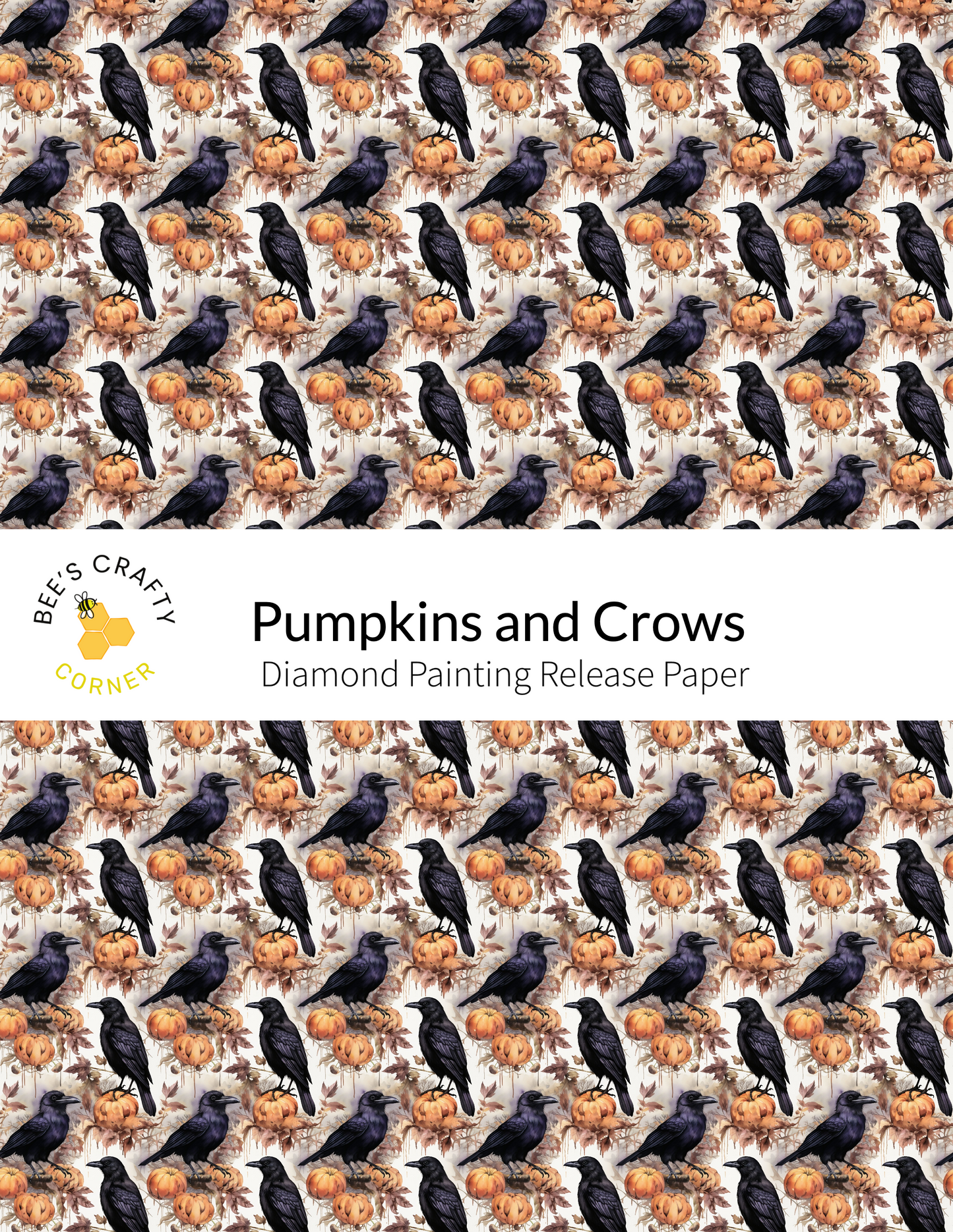 The image is a repeating pattern of black birds perched on orange flowers, creating a visually striking and harmonious design.