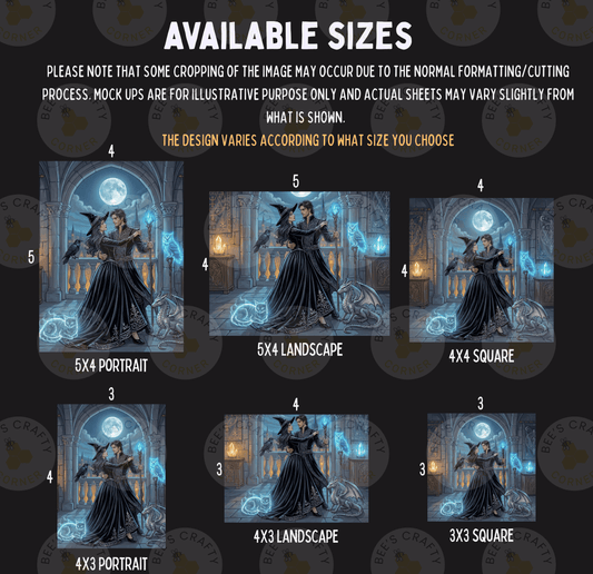 six different sizes of the same illustration, depicting a woman in a dark dress with a large moon in the background. The sizes range from 3x3 to 4x4, and the image is a collage of multiple smaller images. The sizes vary from 3x3 to 4x4, and the illustration is a portrait of a woman. The image is not a full-sized photograph, but rather a smaller version that can be used for different purposes, such as a mock-up or a design template.