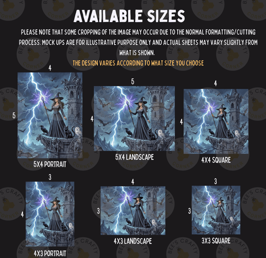 six different sizes of illustrations depicting a witch on a castle, with lightning and bats in the background.
