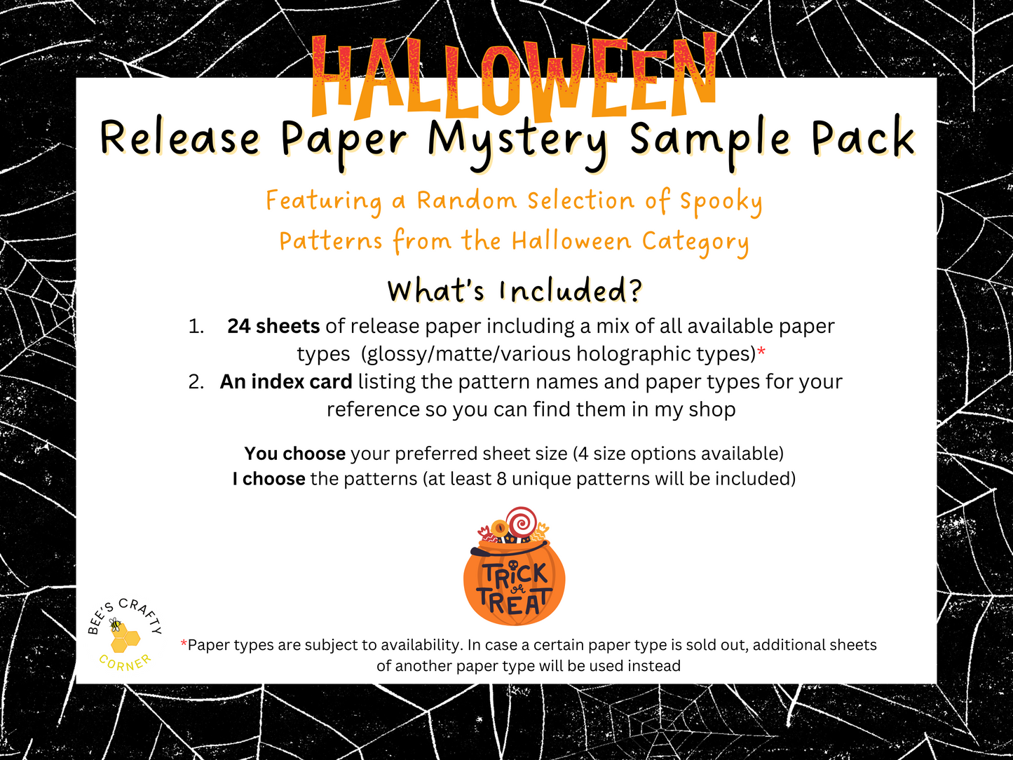 The image is a Halloween-themed release paper mystery sample pack featuring a random selection of spooky patterns from the Halloween category.