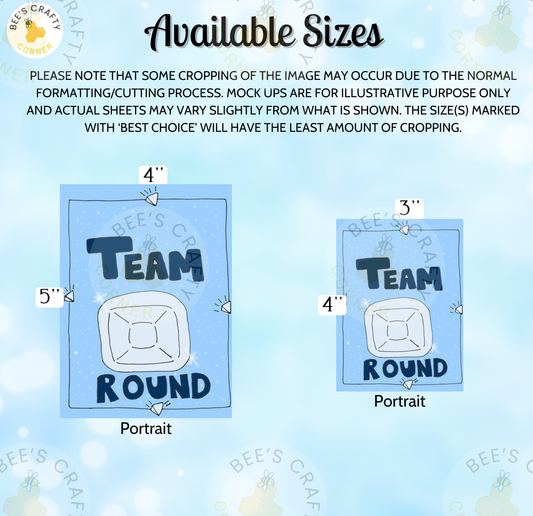 The image is a collection of two different sizes of "Team Round" posters, with one being a portrait and the other being a 5-inch size.