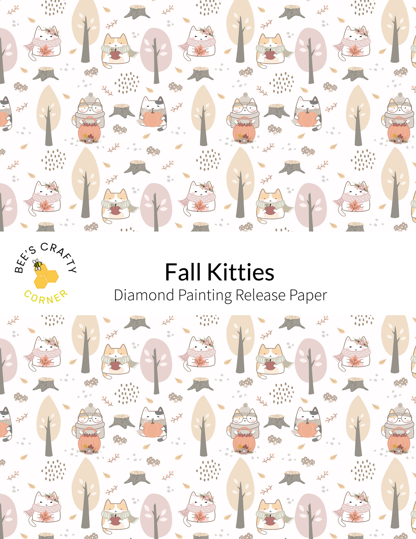 The image is a repeating pattern of various cartoon-style cats and trees, creating a whimsical and playful design.