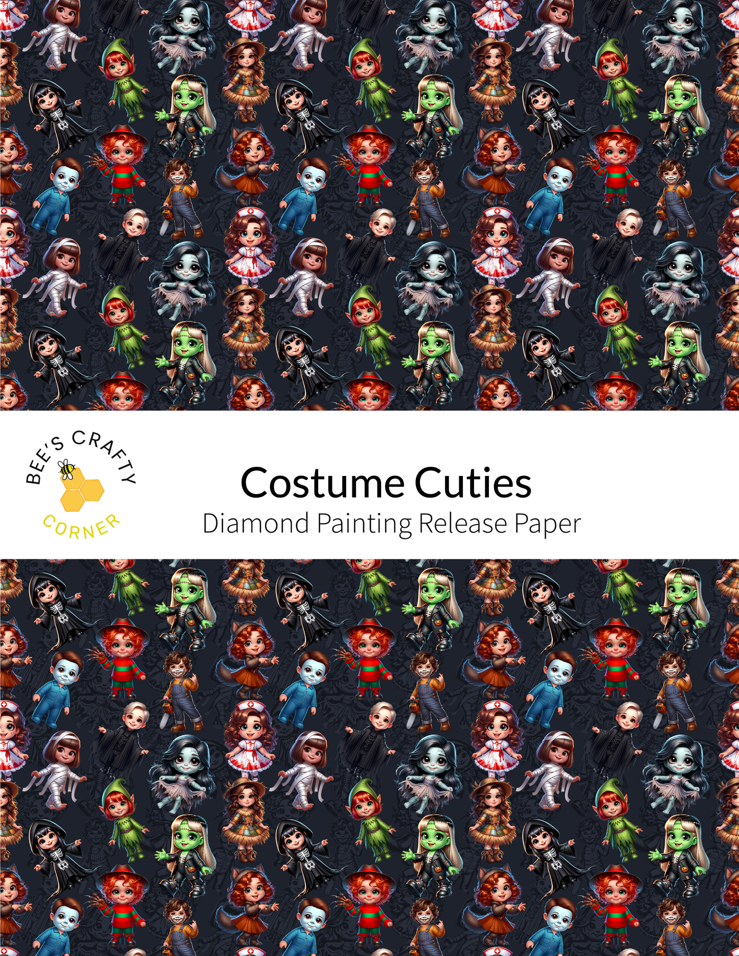 The image is a repeating pattern of various cartoon-style characters, including both humans and animals, arranged in a grid-like layout against a dark background. The characters appear to be in different poses and expressions, creating a dynamic and visually engaging design.