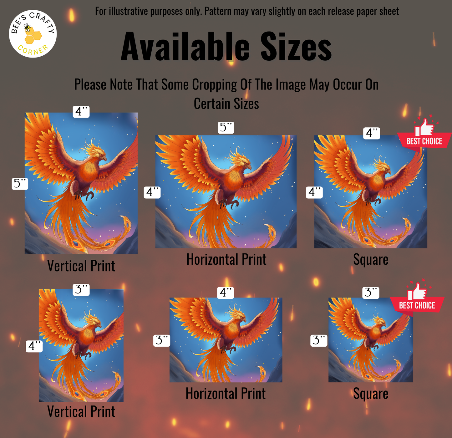 The image is a collage of six different sizes of the same image of a bird, specifically a phoenix, in various poses and settings.