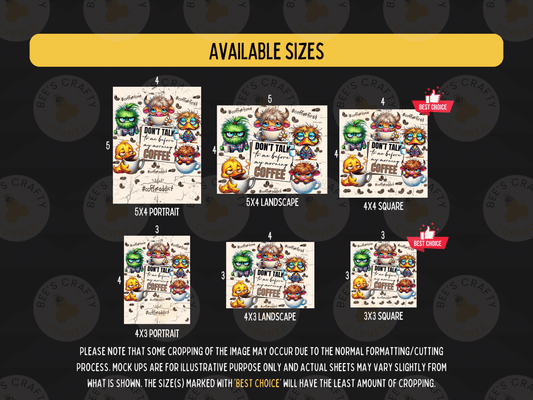 a collection of six different sizes of coffee-themed artwork, including portraits, landscapes, and squares. The sizes range from 5x4 to 5x3, and each artwork has a unique design featuring various coffee-related elements such as coffee cups, mugs, and other coffee-related icons. The image also includes a note about cropping and suggests that the cropping of the image may vary due to the normal formatting process.