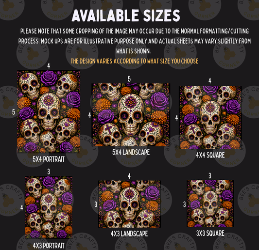 a collection of six different images, each featuring a skull design with various colors and patterns, such as purple, orange, and white. The images are arranged in a grid format, with each row representing a different size, from 5x4 to 5x3. The text above the images provides information about the available sizes and the actual size of the actual sheets.