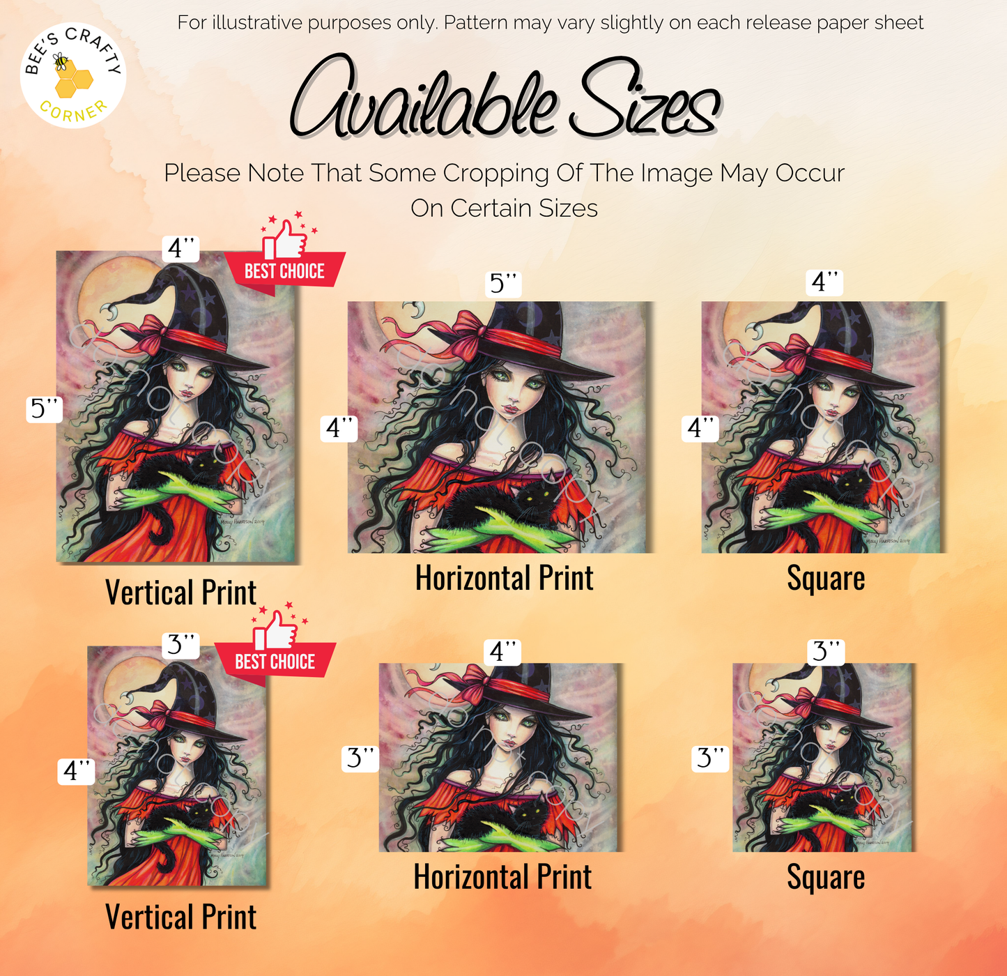 The image is a collage of six images featuring a woman with long, curly hair wearing a witch's hat. The images are available in different sizes, including 4-inch, 5-inch, 4-inch, 4-inch, 4-inch, and 3-inch sizes. The images are labeled as vertical prints, horizontal prints, and square prints.