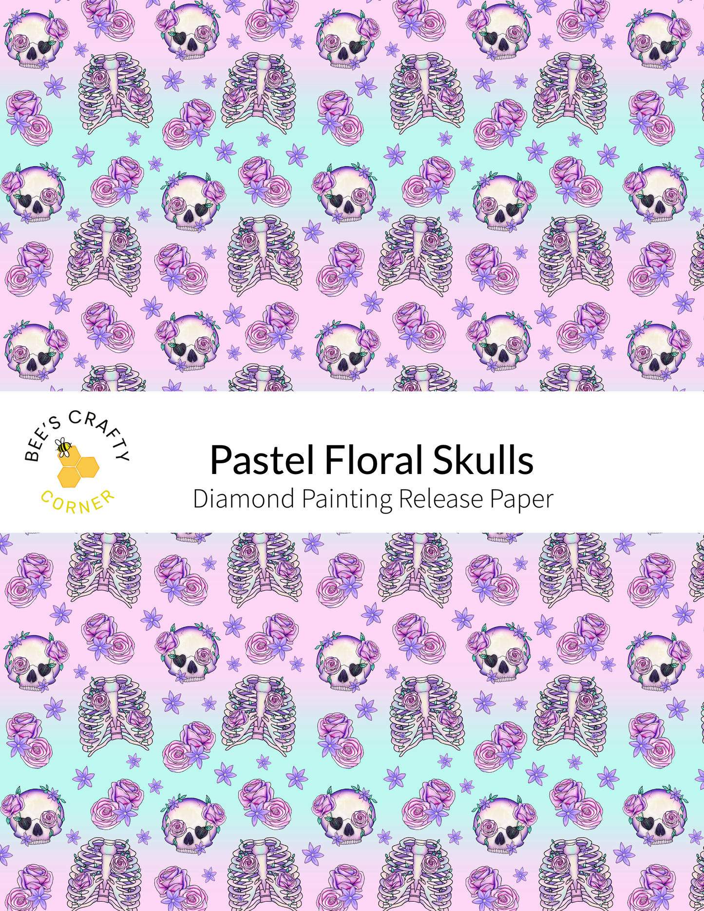 The image is a repeating pattern of pastel floral skulls and roses on a light blue background, with purple and pink accents.
