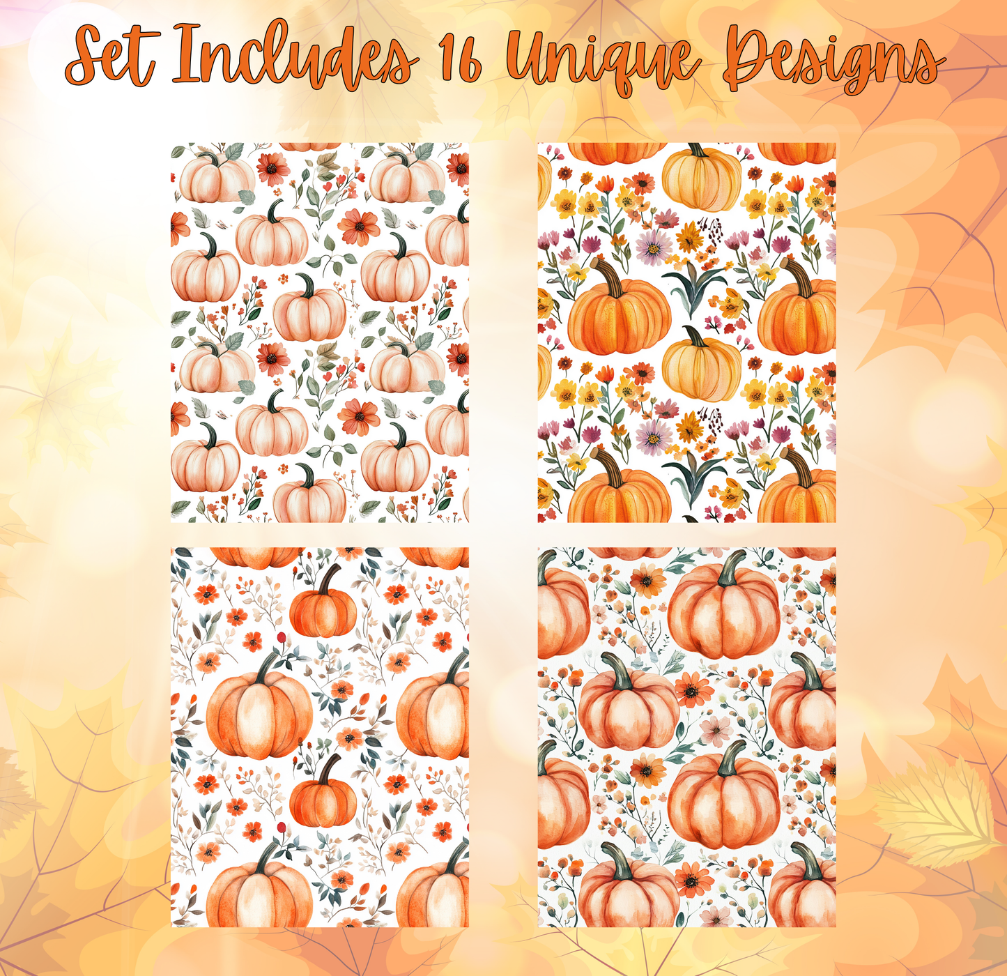four different patterns featuring pumpkins and flowers, including a repeating pattern of pumpkins and flowers, a pattern of pumpkins and flowers, a pattern of pumpkins and flowers, and a pattern of pumpkins and flowers.