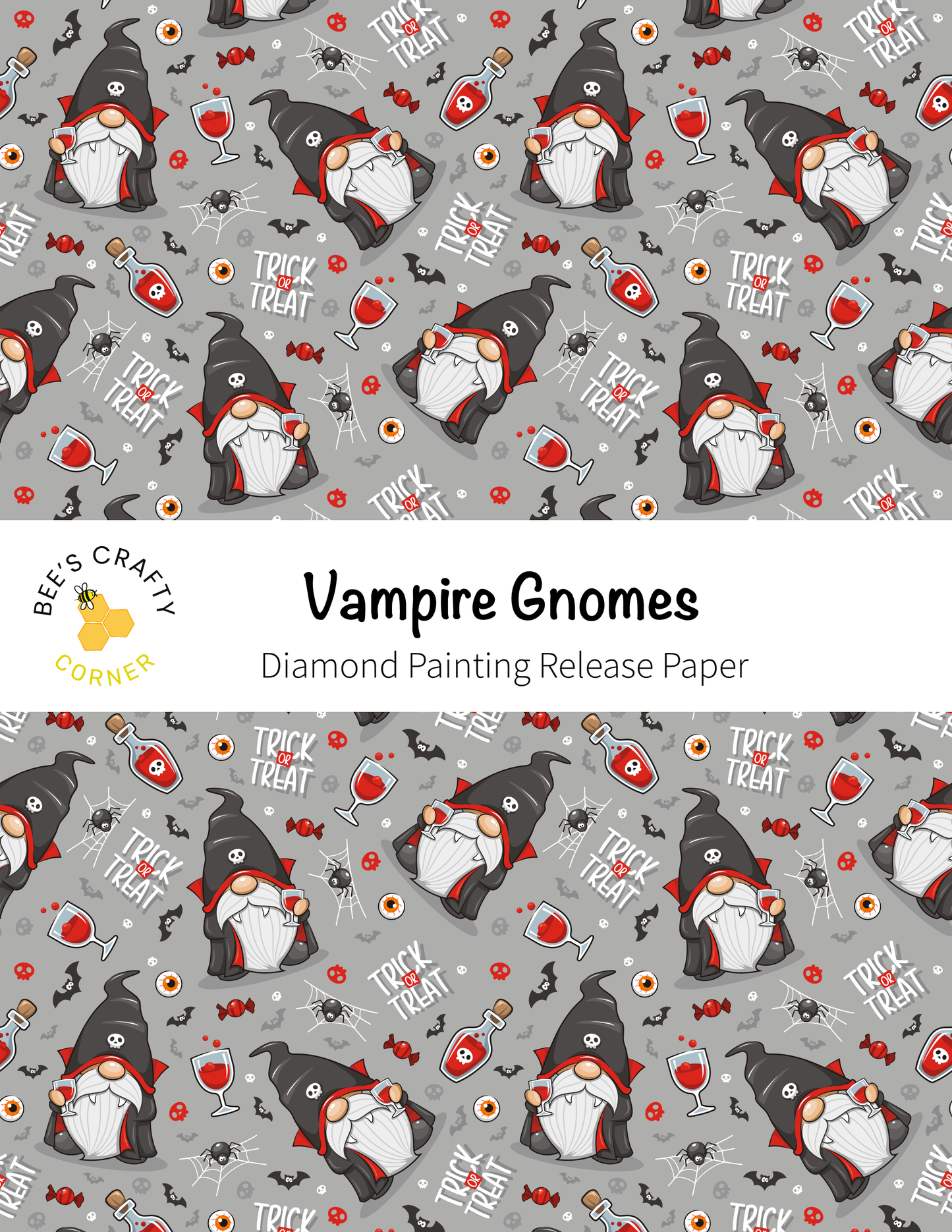 The image is a repeating pattern of Vampire gnomes wearing black hats and scarves, with various Halloween-themed elements such as bats, skulls, and bottles scattered throughout the pattern.