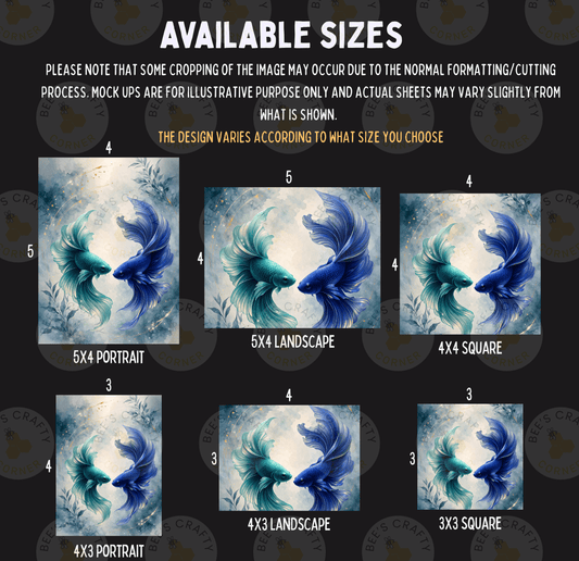six different sizes of the same artwork, depicting a blue and green fish. The sizes range from 5x4 to 5x3, and the artwork is shown in portrait, landscape, and square format. The image is a collage of multiple images, and the description should not include phrases like 'The image depicts', 'The image displays', 'The image shows', 'In the image', 'The image captures', 'The image features', or similar phrases.