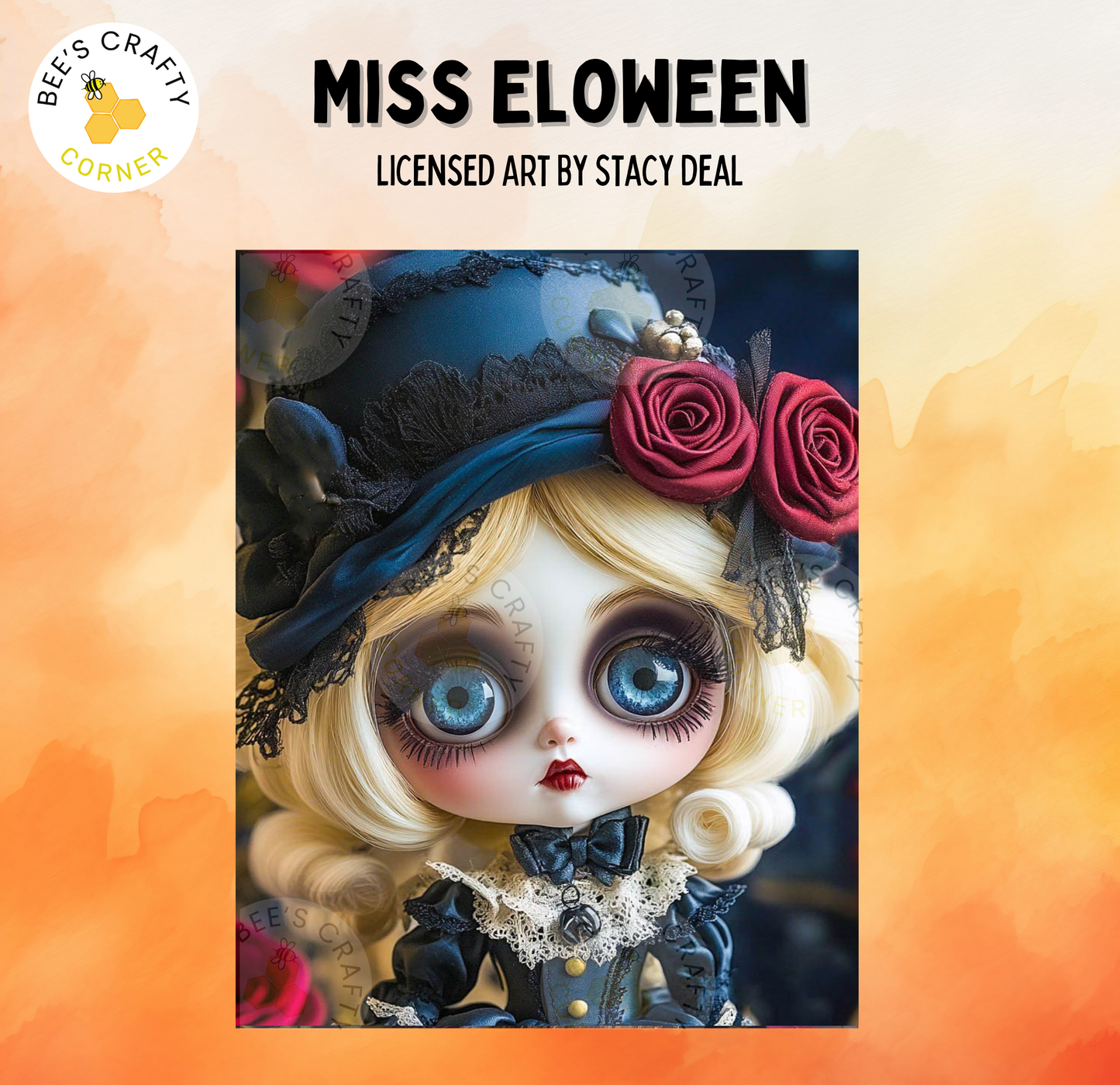 The image is a close-up of a doll with exaggerated features, including large blue eyes, red rose-adorned hair, and a black hat. The doll is set against a colorful background, which appears to be a watercolor painting.