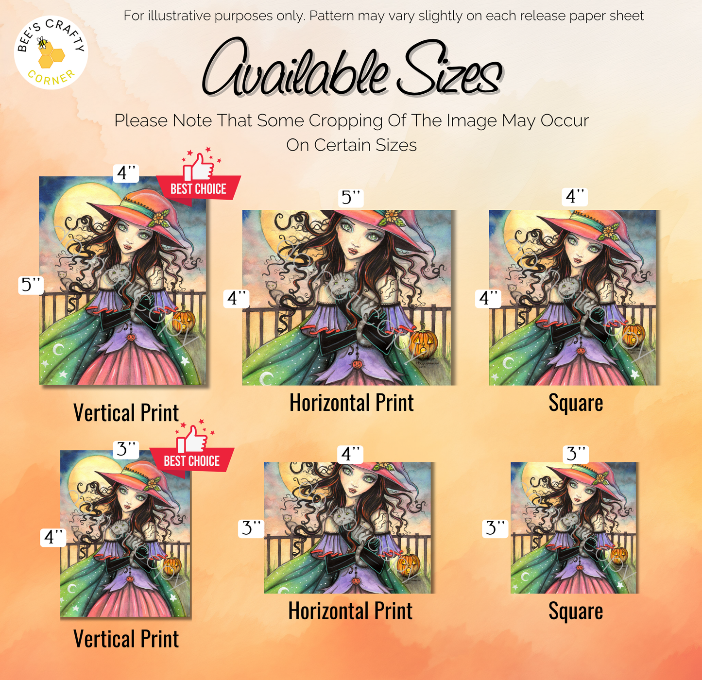 The image is a collage of six images featuring a woman with curly hair and a witch-like outfit, each in a different size and orientation. The images are labeled with their respective sizes, including "Vertical Print", "Horizontal Print", "Horizontal Print", "Vertical Print", "Horizontal Print", and "Vertical Print". The text indicates that some cropping of the image may occur on certain sizes, and the sizes are available in 4-inch, 5-inch, 4-inch, 5-inch, and 4-inch squares.