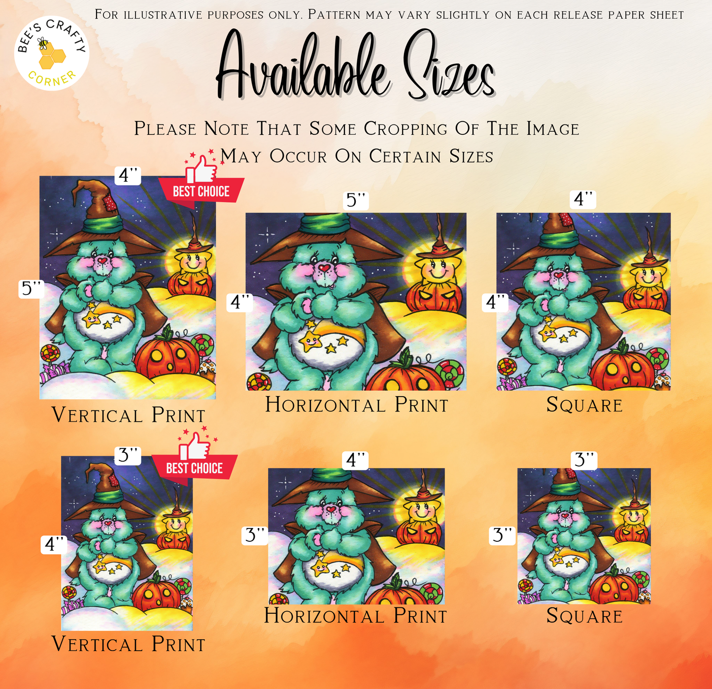 The image is a collection of illustrations featuring various sizes of the same character, likely a character from a children's book or a similar theme. The illustrations are designed in a whimsical and playful style, with the character wearing a witch's hat and surrounded by pumpkins and other Halloween-themed elements. The illustrations are presented in different sizes, ranging from 4" to 5" in height, and they are arranged in a grid format, with each size displayed on a separate paper sheet.