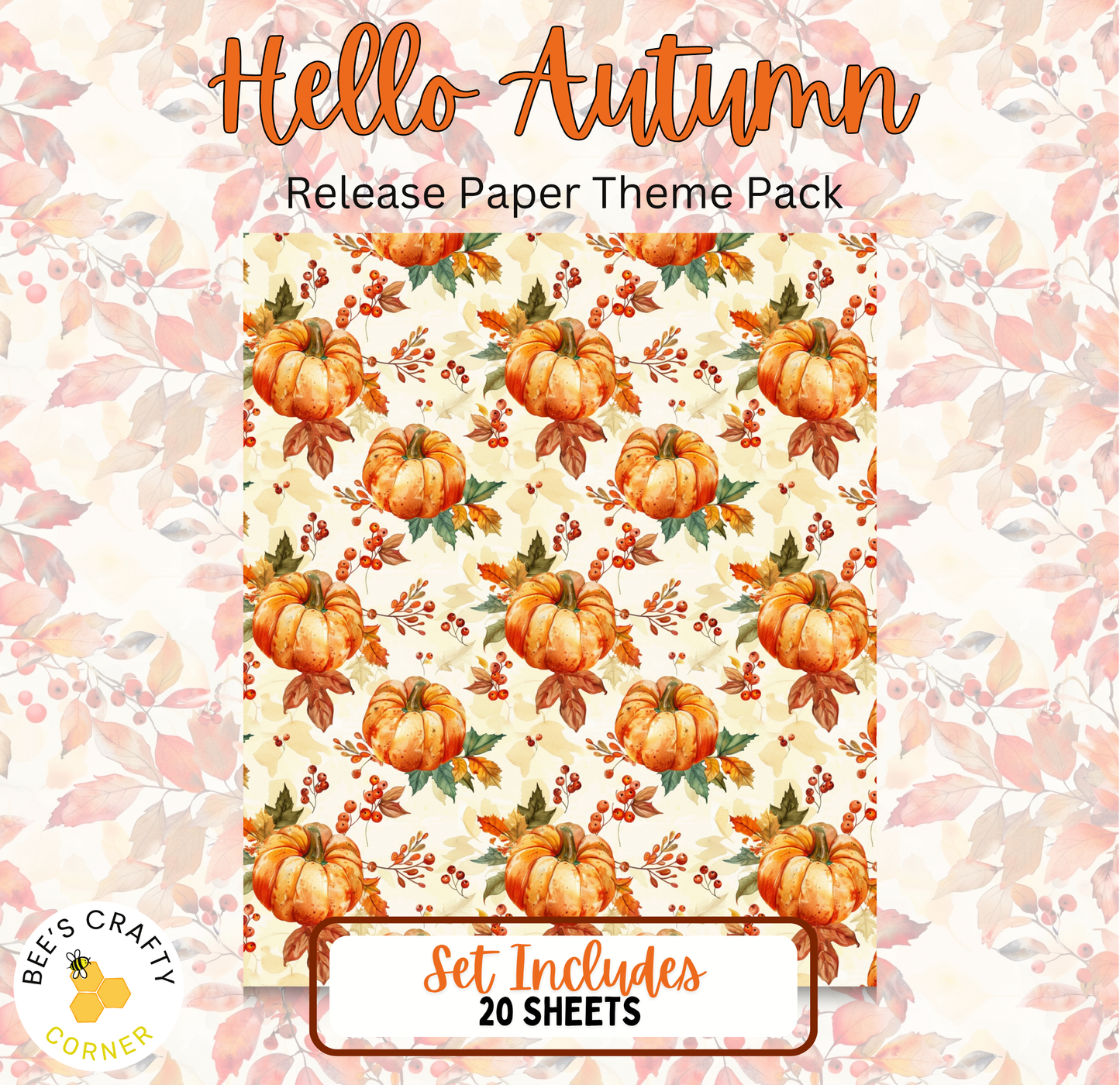 The image is a package for a release of a paper theme featuring autumn pumpkins and leaves. It includes a set of 20 sheets with a repeating pattern of pumpkins and leaves.