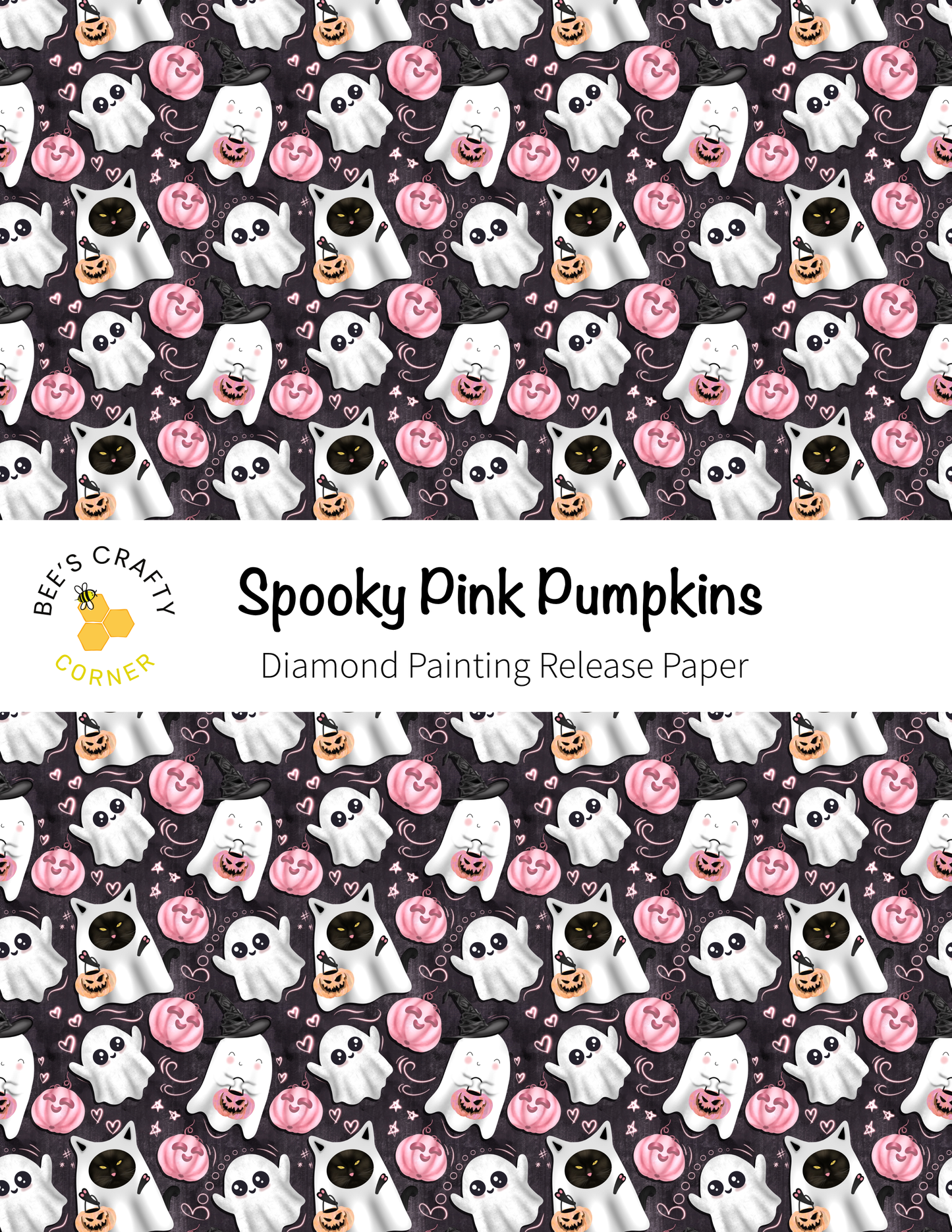 The image is a repeating pattern of spooky pink pumpkins and ghost-like figures against a dark background.