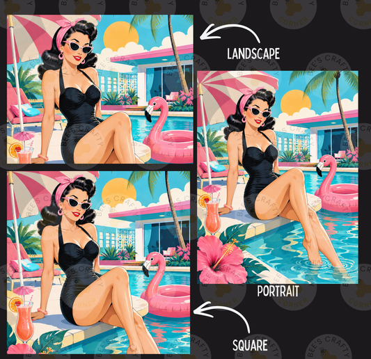 The image is a collage of two images featuring a woman in a black swimsuit sitting on a poolside, surrounded by tropical elements such as palm trees, flowers, and pink flamingos.
