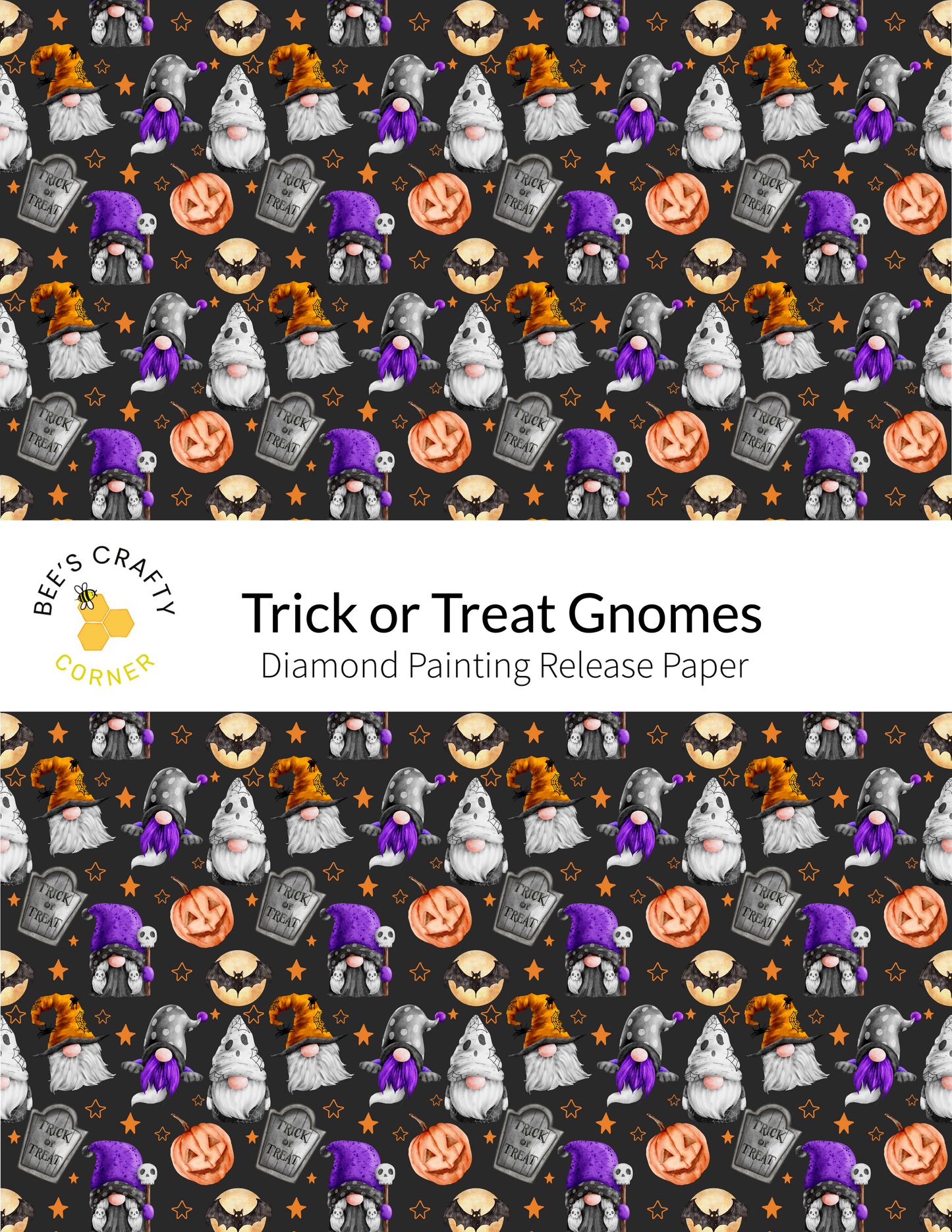 The image is a repeating pattern of various Halloween-themed gnomes and pumpkins, including trick or treat gnomes, against a dark background with stars and bats.