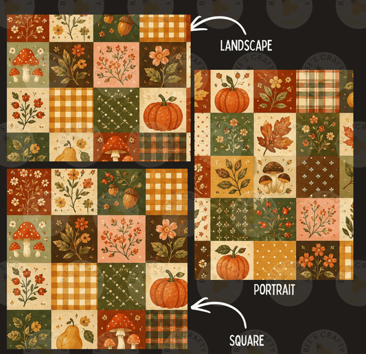 The image is a collage of two square images, each featuring a variety of autumn-themed elements such as pumpkins, flowers, mushrooms, and leaves. The collage is divided into two sections, with one section labeled "Landscape" and the other "Portrait".