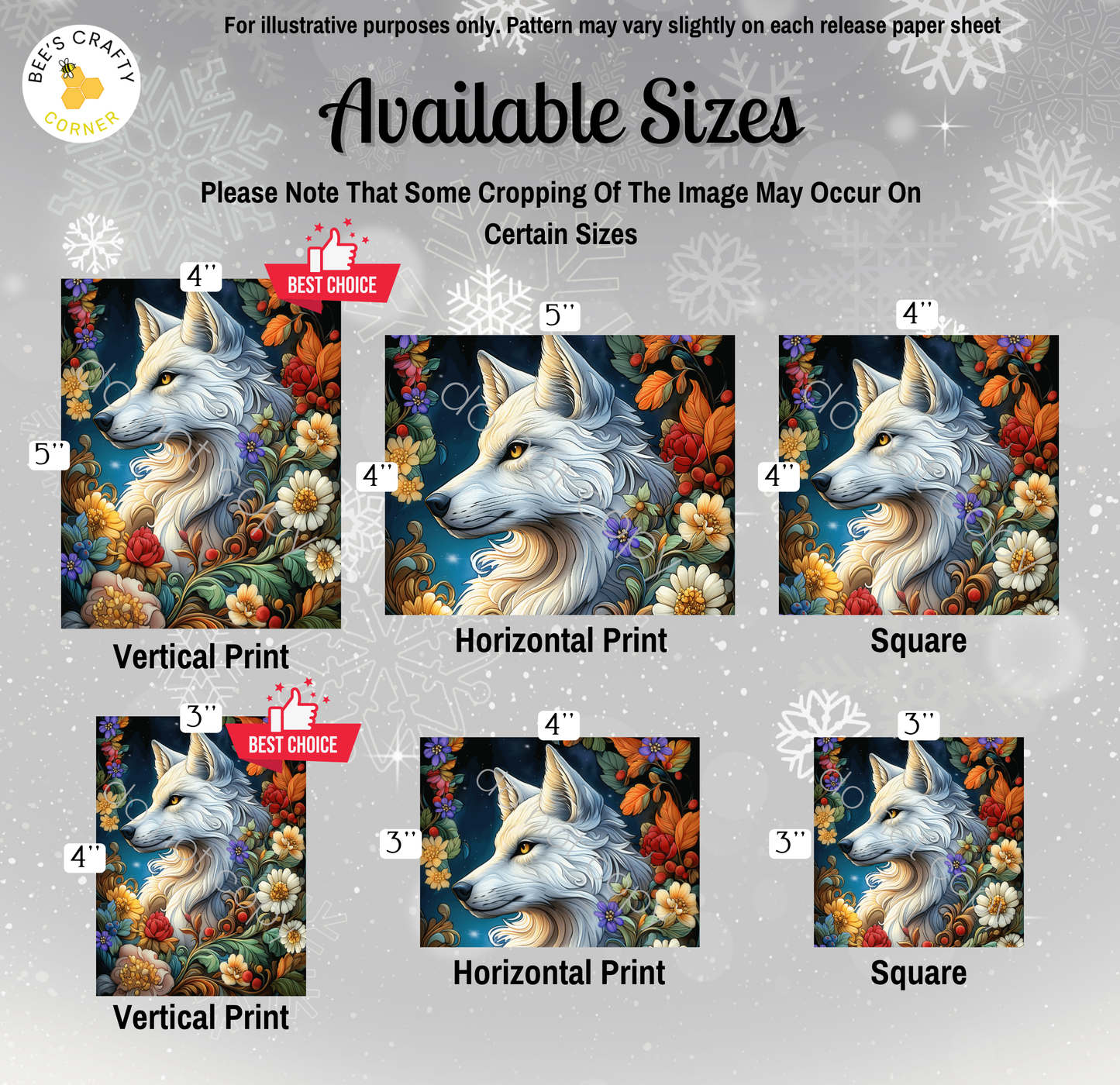The image is a collection of six different sizes of the same painting, featuring a white wolf surrounded by flowers and foliage. The sizes vary from 4" to 5" in width, and the painting is available in vertical print, horizontal print, and square print. The image is a collage of multiple images, and the sizes are not described individually but are grouped together.
