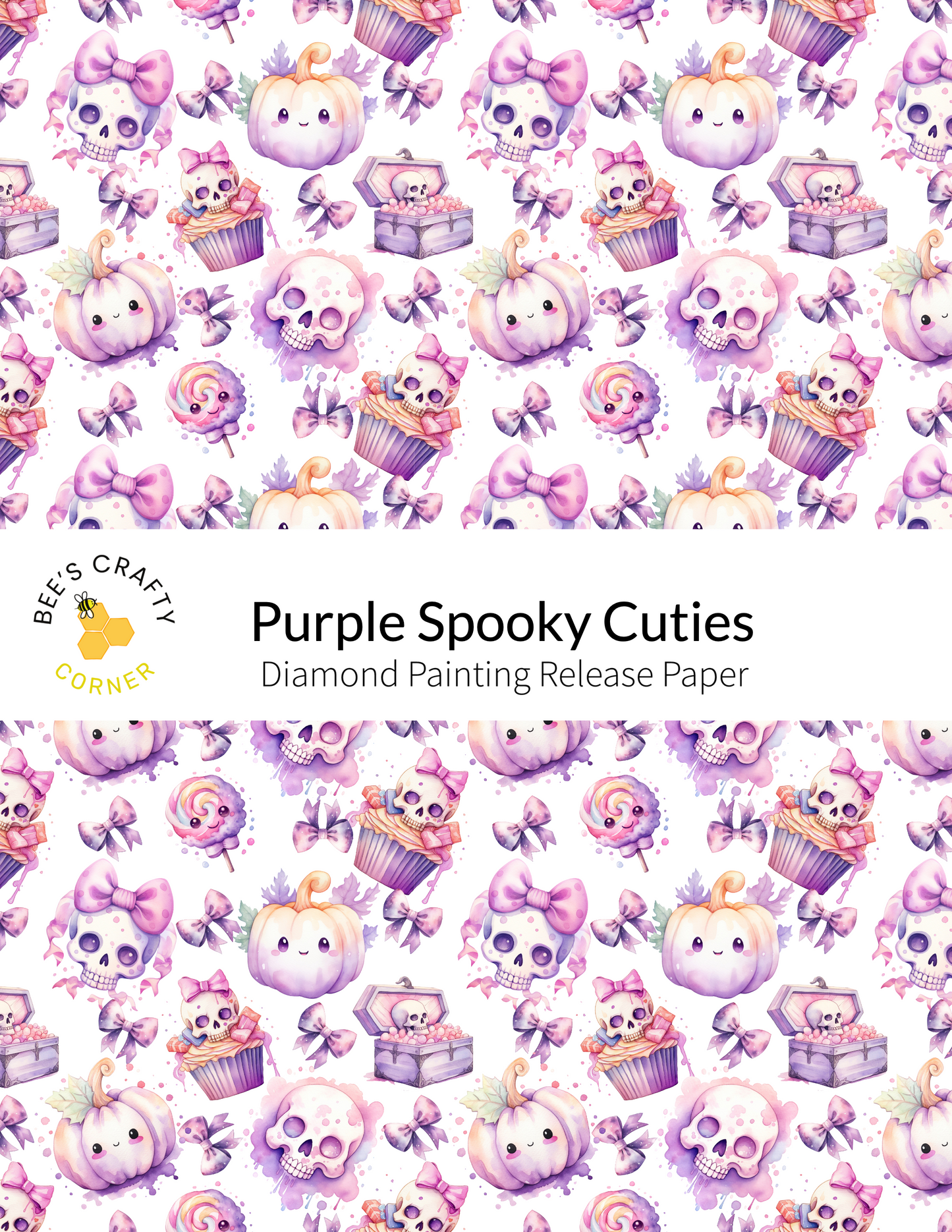 The image is a repeating pattern of various spooky and whimsical illustrations, including skulls, pumpkins, cupcakes, and other Halloween-themed objects. The pattern is predominantly purple and white, with some accents of pink and orange. The text "Purple Spooky Cuties Diamond Painting Release Paper" is displayed in the center of the image, indicating that this is a release paper for a diamond painting kit focused on creating cuties.