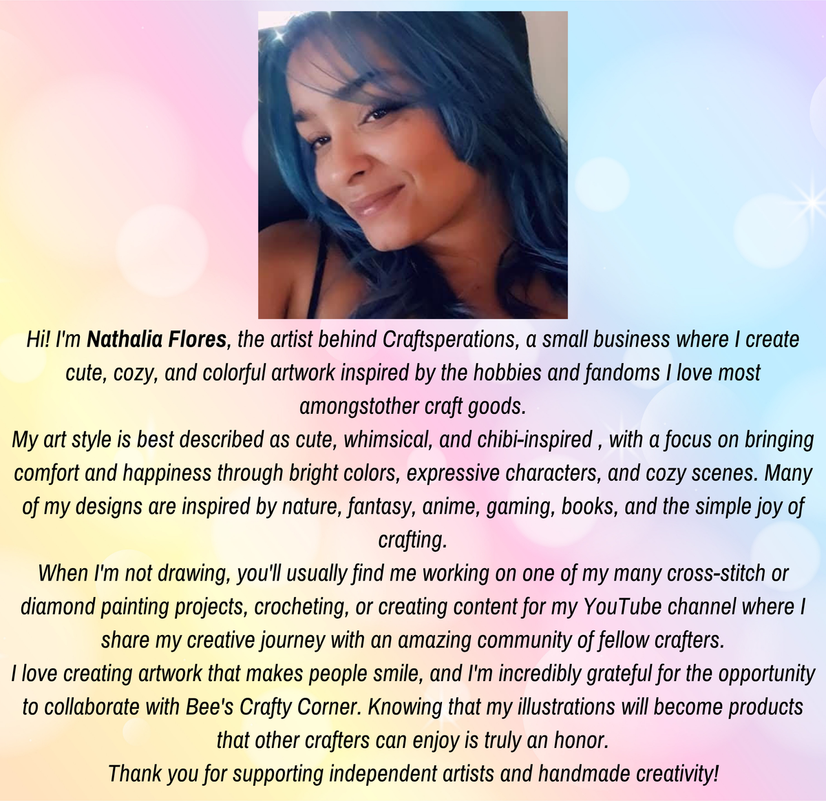 The image is a portrait of a woman with a warm, friendly expression, accompanied by a message expressing gratitude for the opportunity to collaborate with Bee's Crafty Corner.