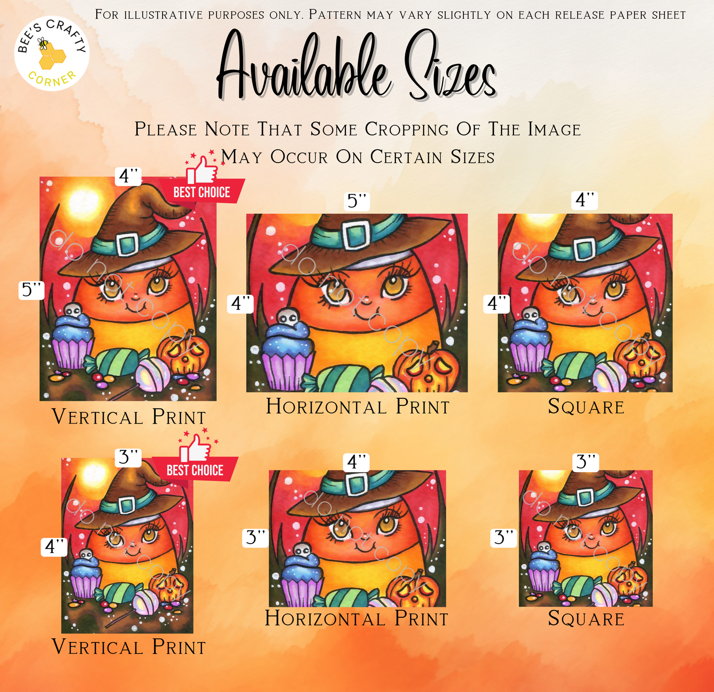 The image is a collection of six different illustrations of a cartoon character, each with a unique size and style. The illustrations include a vertical print, a horizontal print, a square, a horizontal print, a vertical print, and a square. The illustrations are designed to be used as coloring pages for a Halloween-themed activity.
