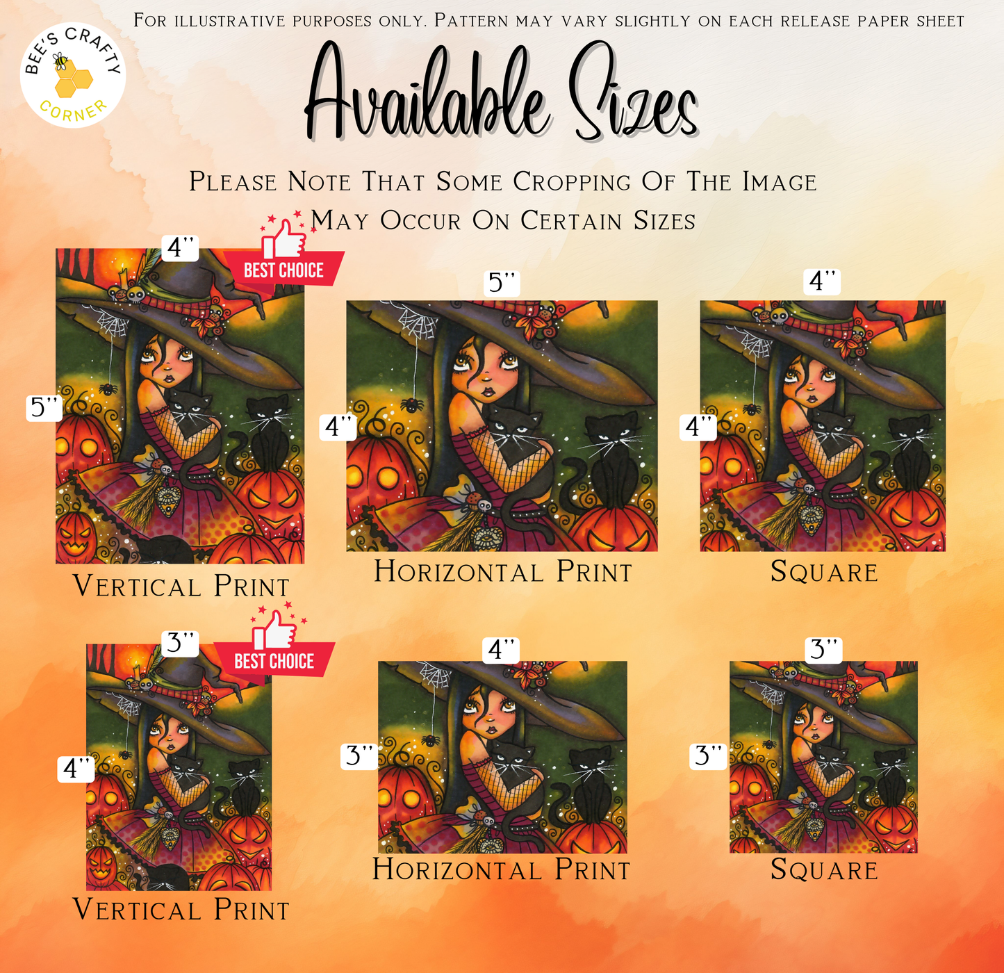 The image is a collage of six different sizes of illustrations featuring a witch and pumpkins. The illustrations are of varying sizes, ranging from 4" to 5" in height. The illustrations are presented in a vertical orientation, with the witch and pumpkins filling the entire frame. The image is a creative and visually appealing representation of the witch and pumpkins, showcasing the artist's skill and attention to detail.
