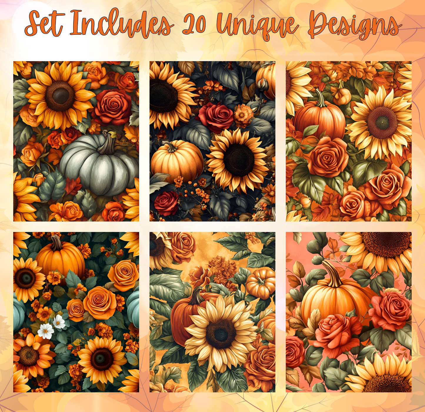 a set of six different autumn-themed designs, featuring sunflowers, pumpkins, roses, and other fall-colored flowers and foliage.