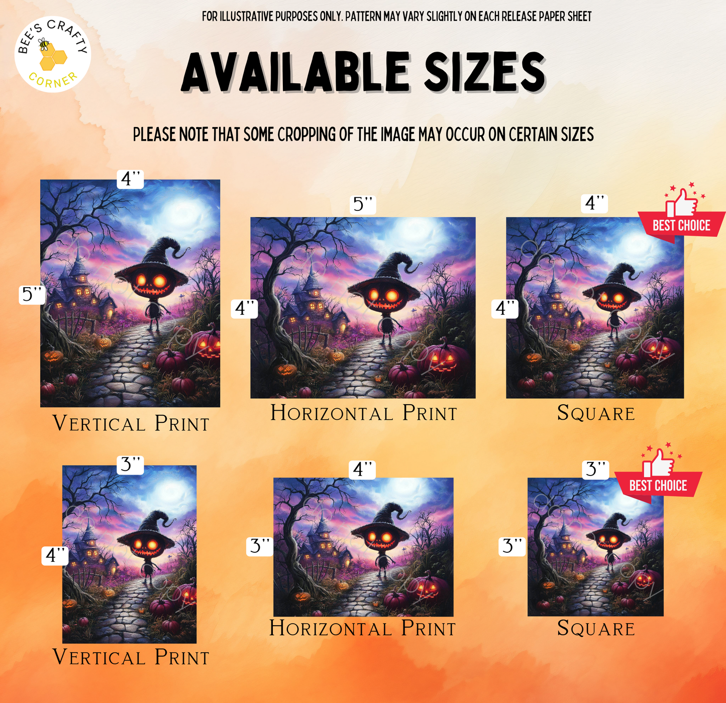 The image is a collection of six different sizes of Halloween-themed paintings, including a vertical print, a horizontal print, a square, and a horizontal print. The paintings depict a spooky, witch-like character walking through a dark, eerie landscape with a full moon and a castle in the background.