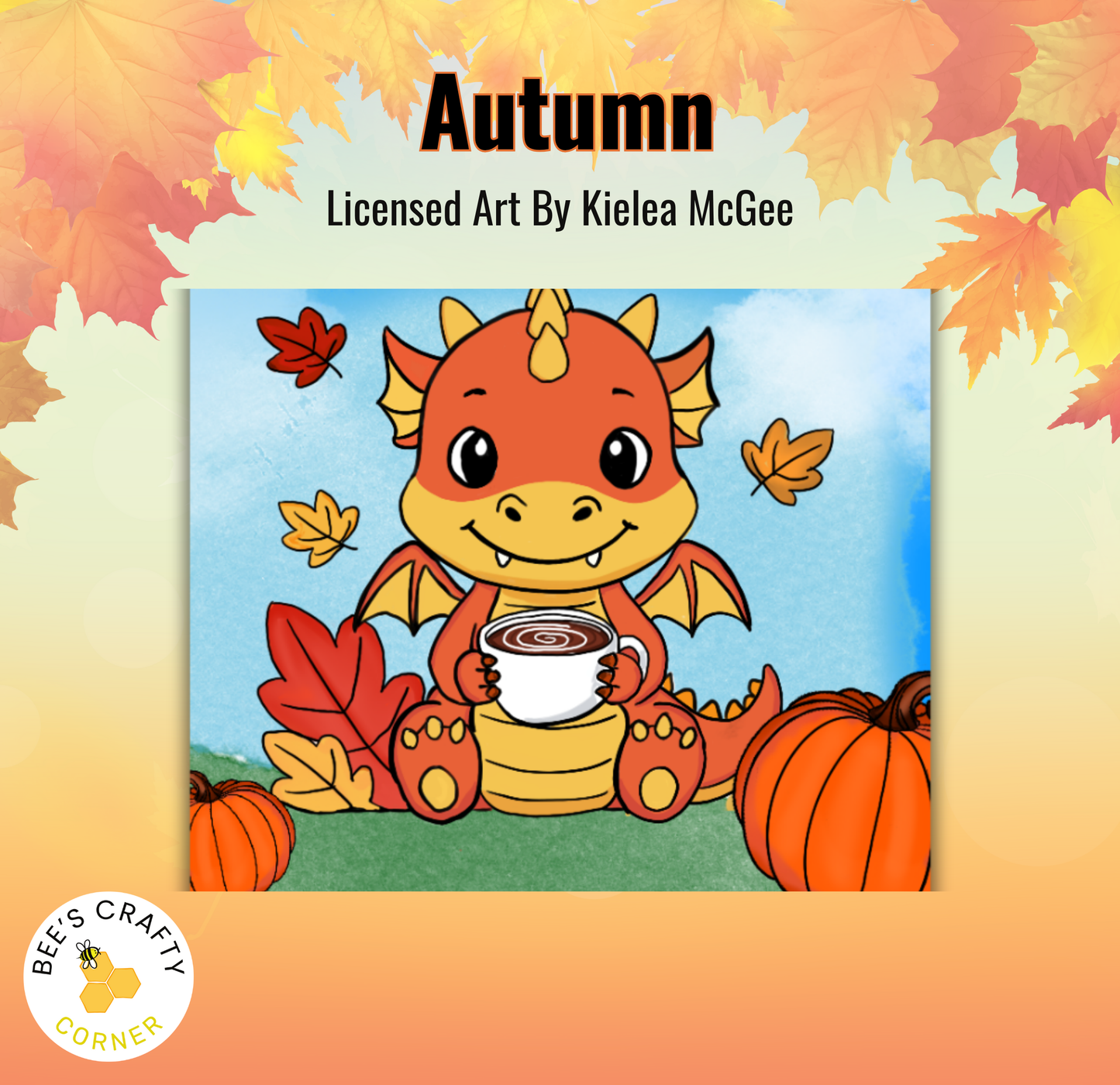 A cartoon dragon holding a cup of coffee, surrounded by autumn leaves and pumpkins, with the text "Autumn" above the image.