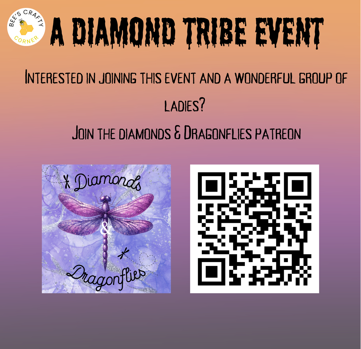 The image is a promotional poster for a "Diamonds & Dragonflies" event, featuring a purple dragonfly and a QR code.