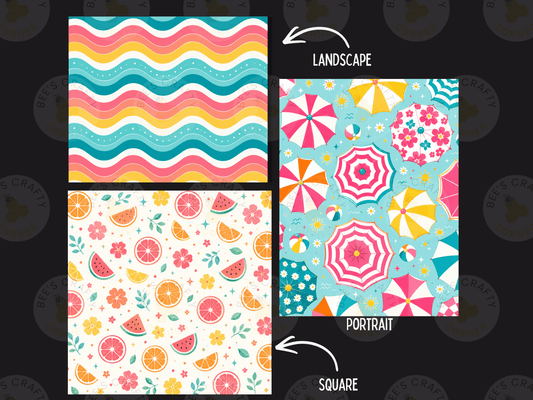 three different patterns: a wavy pattern, a landscape with umbrellas, and a square with a watermelon and flower pattern.