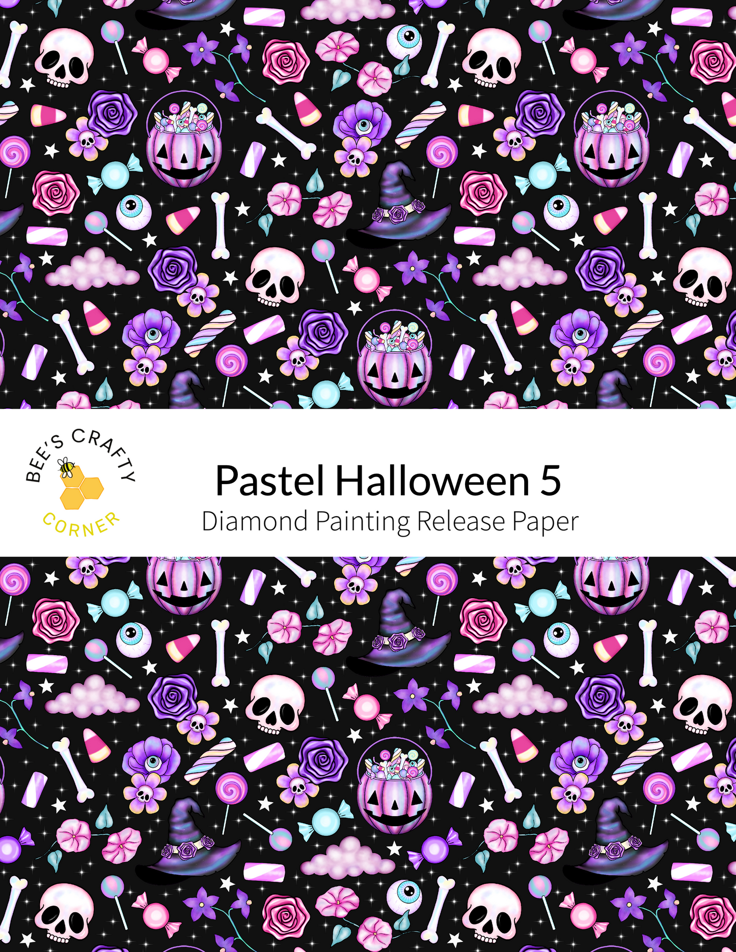 The image is a repeating pattern of various Halloween-themed items, including skulls, bones, candy canes, roses, and other spooky and festive decorations, all set against a black background.