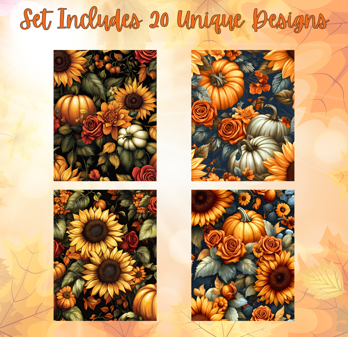 four distinct images, each featuring a unique arrangement of autumn-themed elements such as sunflowers, pumpkins, and roses.